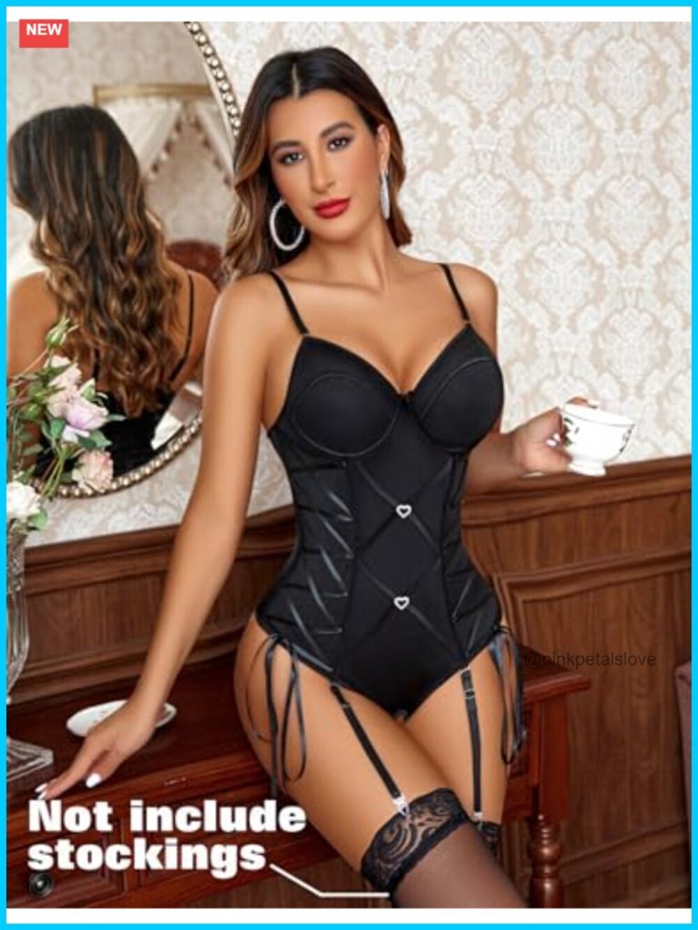 Sexy Lingerie Set - One Piece Teddy Bodysuit with Garter, Adjustable Straps - Picture 6 of 6